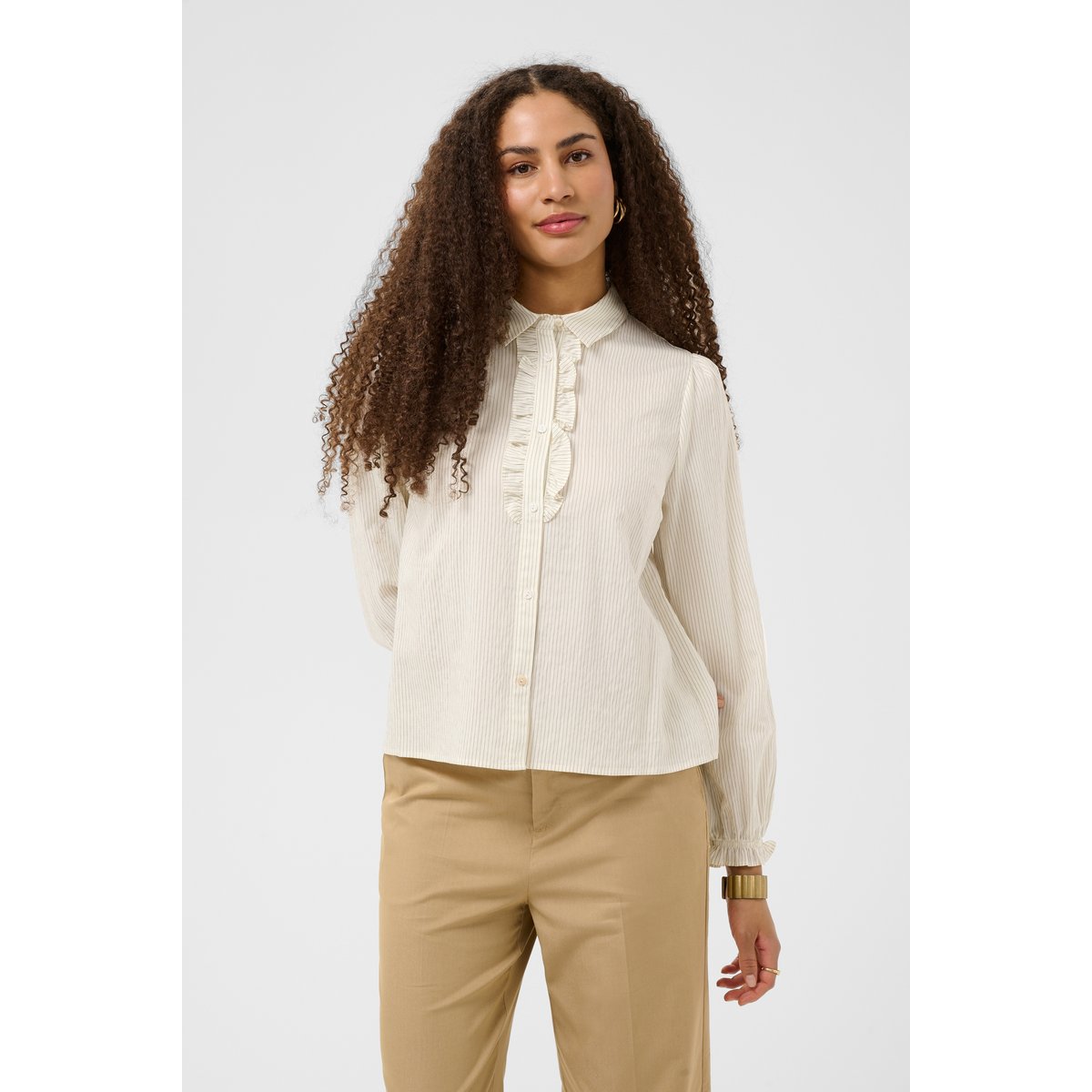 Chemise à manches longues blanc white black thin stripe, CREAM