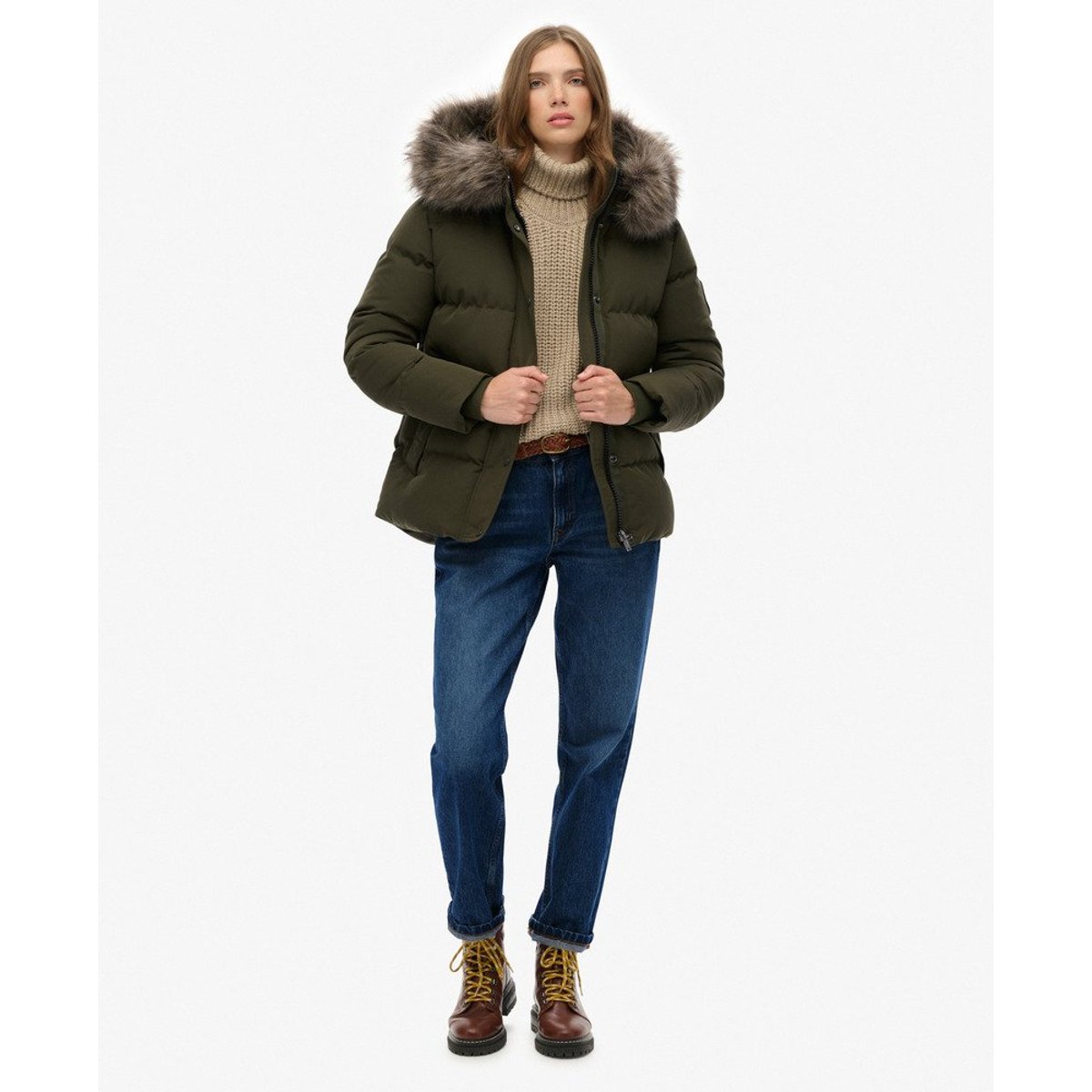 Doudoune courte à capuche en imitation fourrure kaki militaire, SUPERDRY