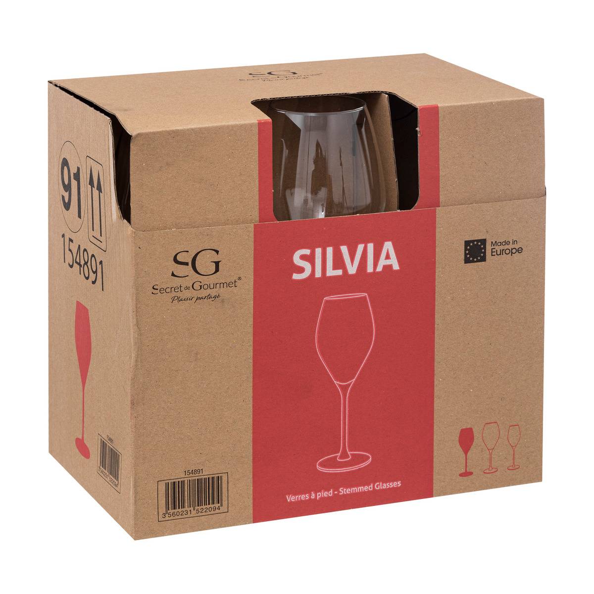 Lot de 6 verres à vin en verre 34 cl SILVIA transparent, SECRET DE GOURMET
