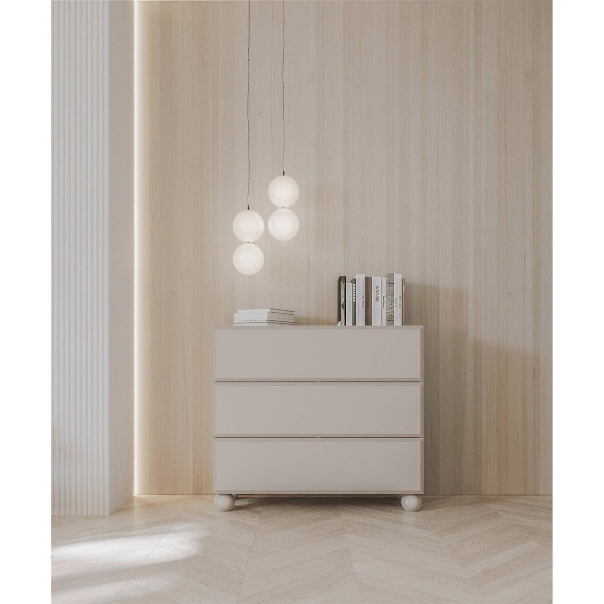Commode 3 tiroirs sur pieds boule collection CHOCO beige sable, RECOLLECTION
