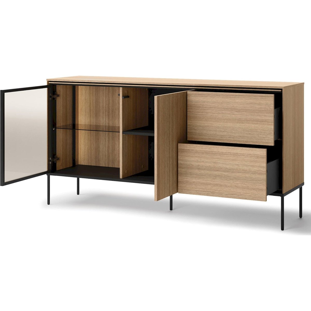 Buffet vitrine bois avec LED VISSO chêne linéaire et noir, RECOLLECTION