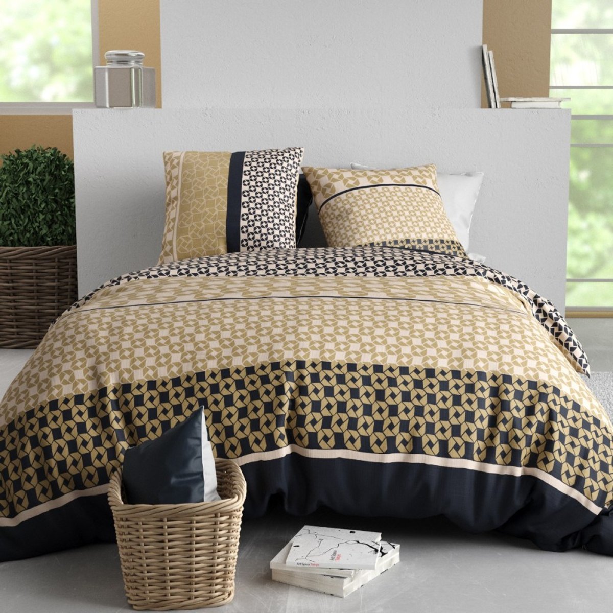 Housse de couette 100% coton 57 fils + 2 taies d’oreiller multicolore, DECORATIE