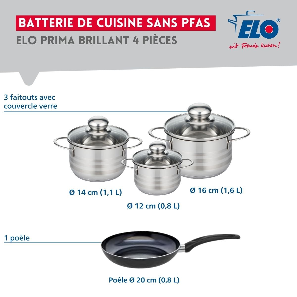 Batterie 1 poêle 20cm + 3 faitouts 12/14/16cm PRIMA BRILLANT noir, ELO