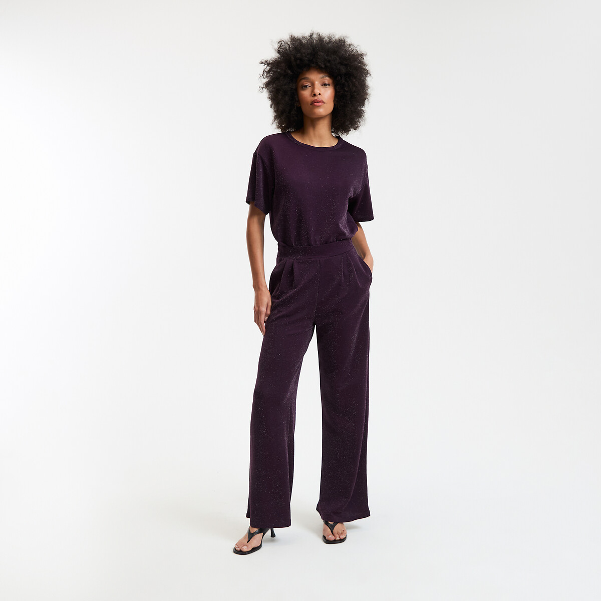 Glittery Wide Leg Trousers with High Waist purple/plum, LA REDOUTE COLLECTIONS