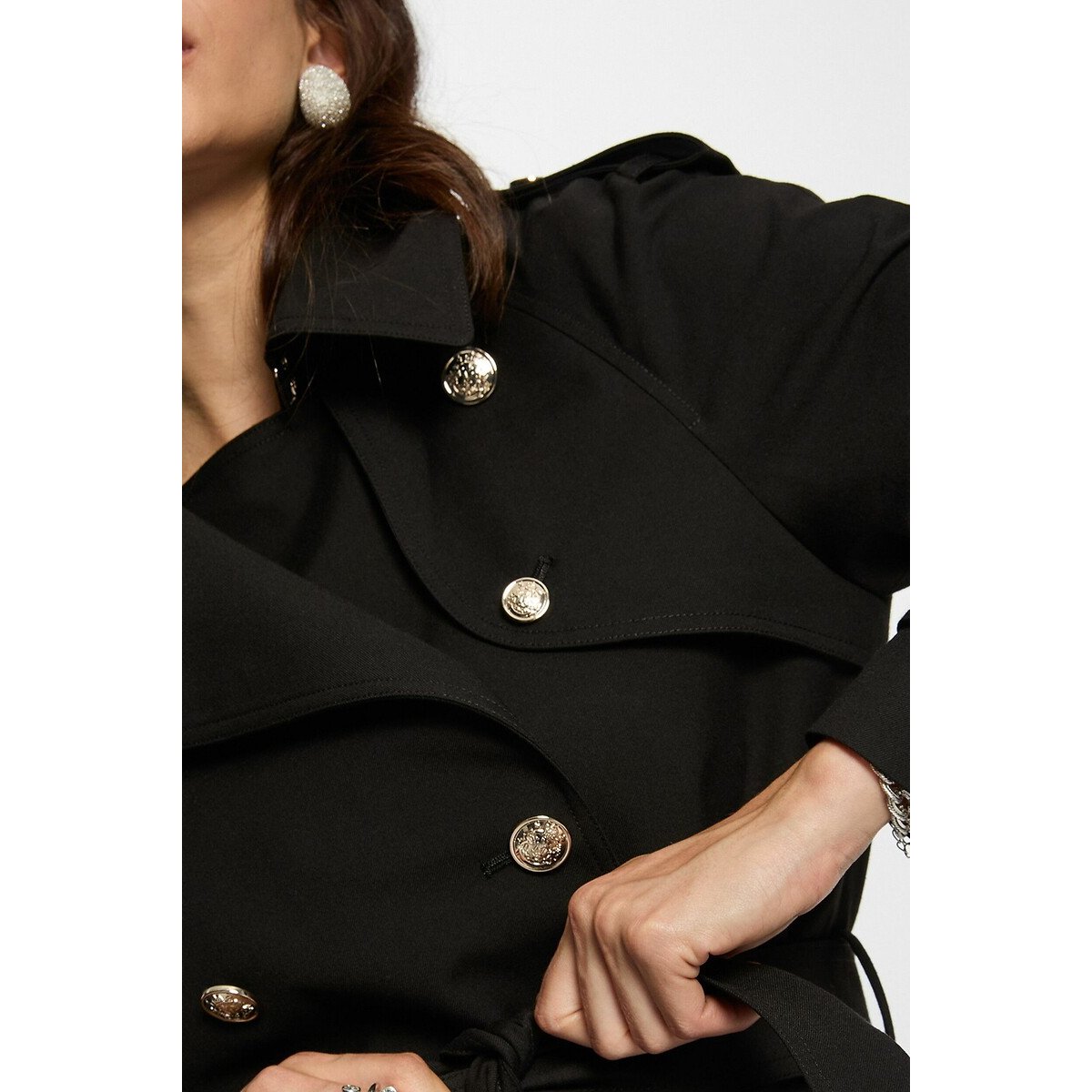 Trench long fermeture boutonnée, mi-saison noir, MORGAN