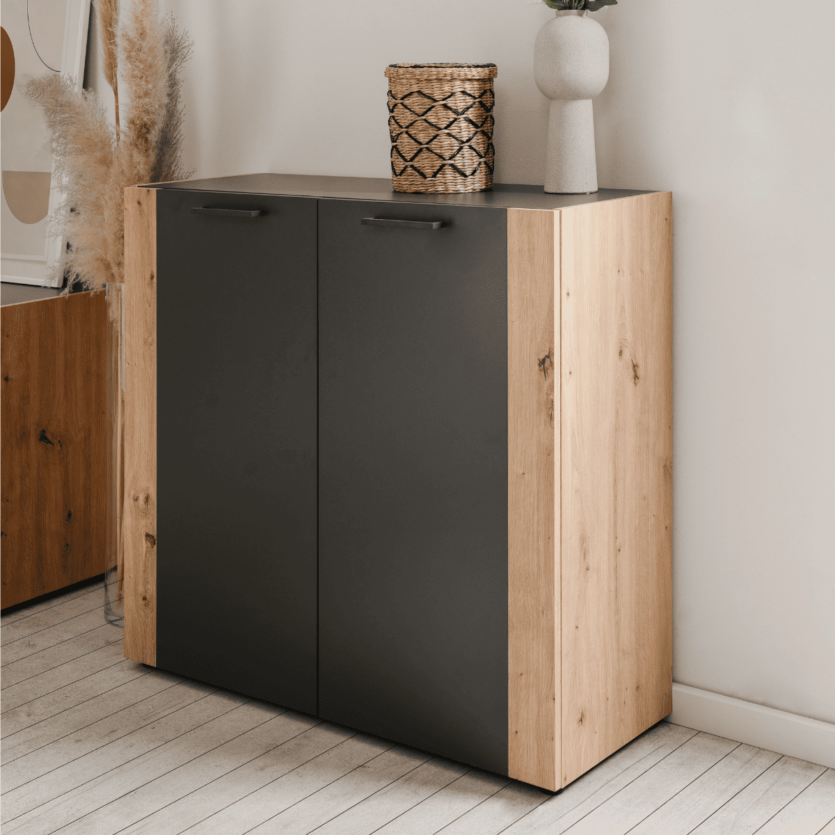 Commode 2 portes pieds noirs LUMA gris anthracite, CALICOSY