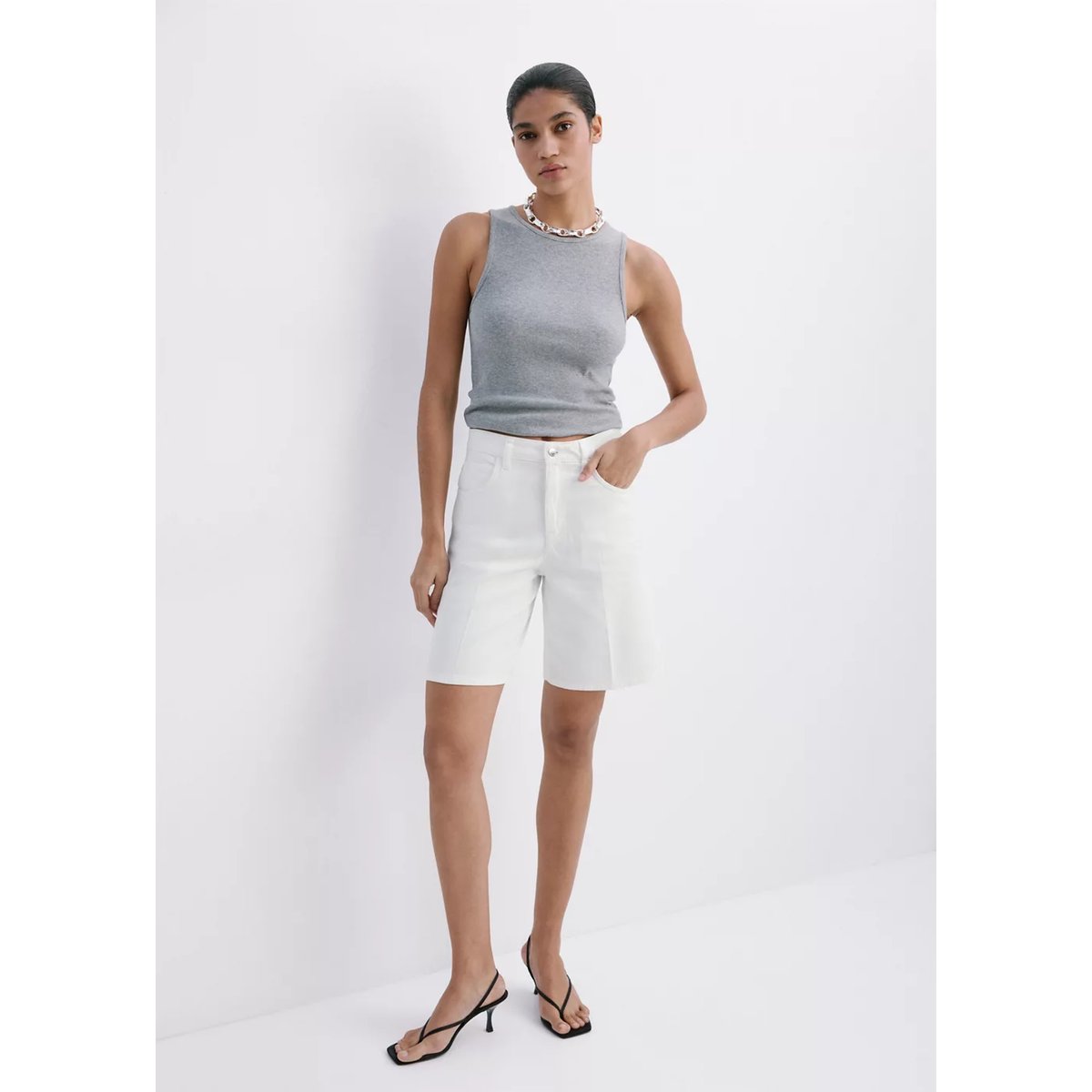 Bermuda en jean droit blanc, MANGO