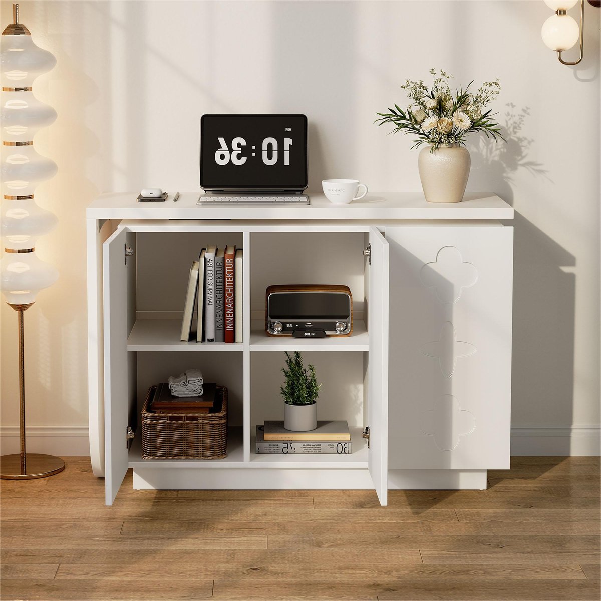 Bureau d’angle rotatif multifonction avec 3 tiroirs et rangement intégré, BABERCA blanc, MEUBLES COSY