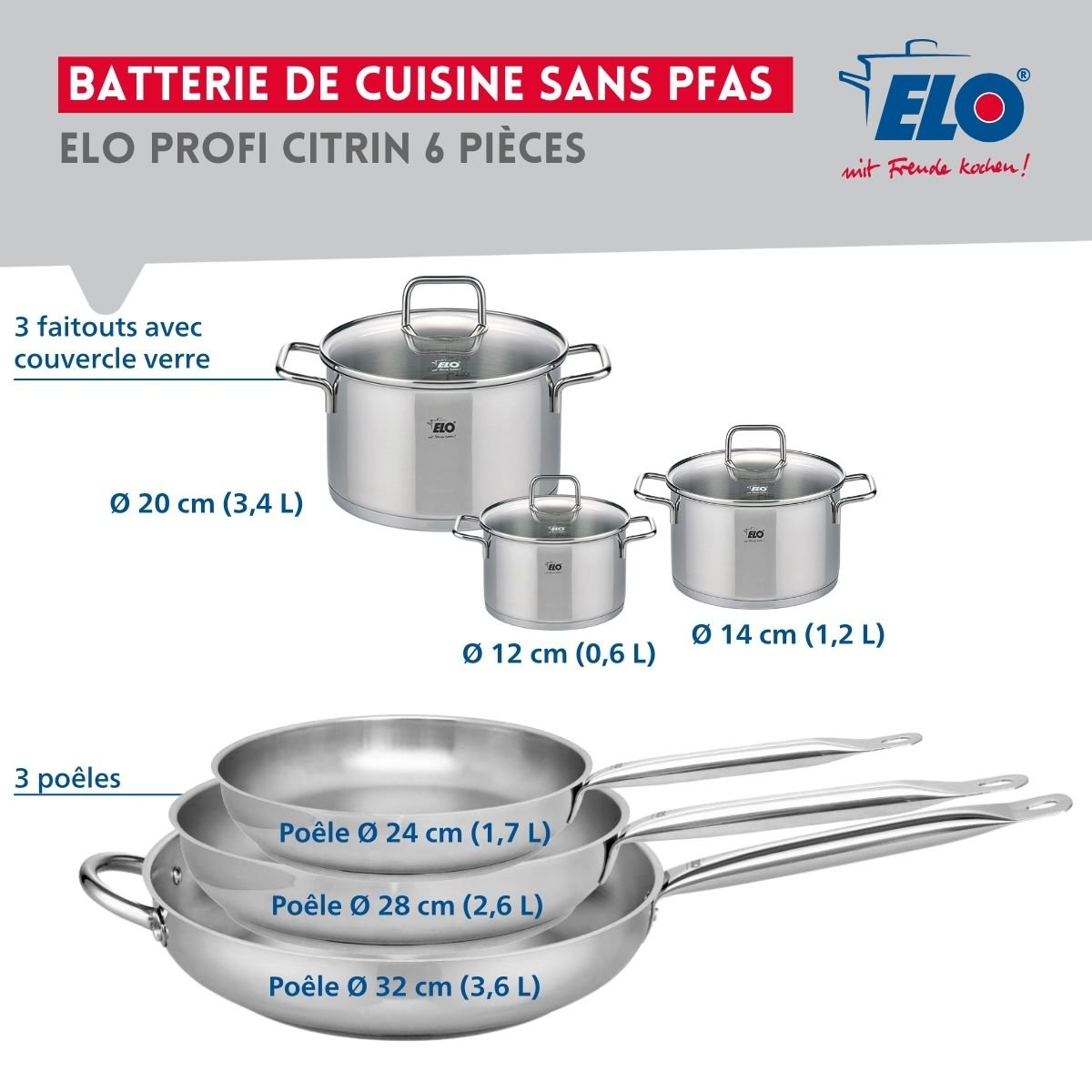 3 poêles 24/28/32cm + 3 faitouts 12/14/20cm PROFI CITRIN gris, ELO