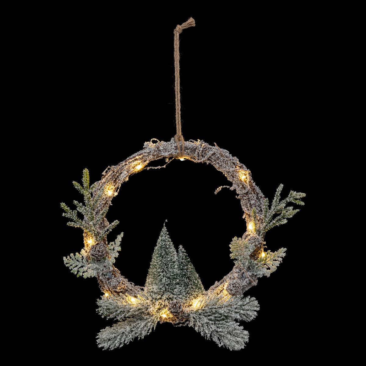 Couronne avec sapins LED D23 cm vert, FEERIC LIGHTS & CHRISTMAS