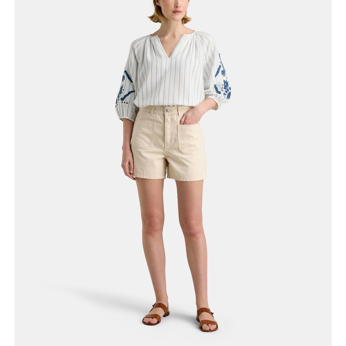 Blouse cara rayures et broderies blanc et bleu, GALERIES LAFAYETTE