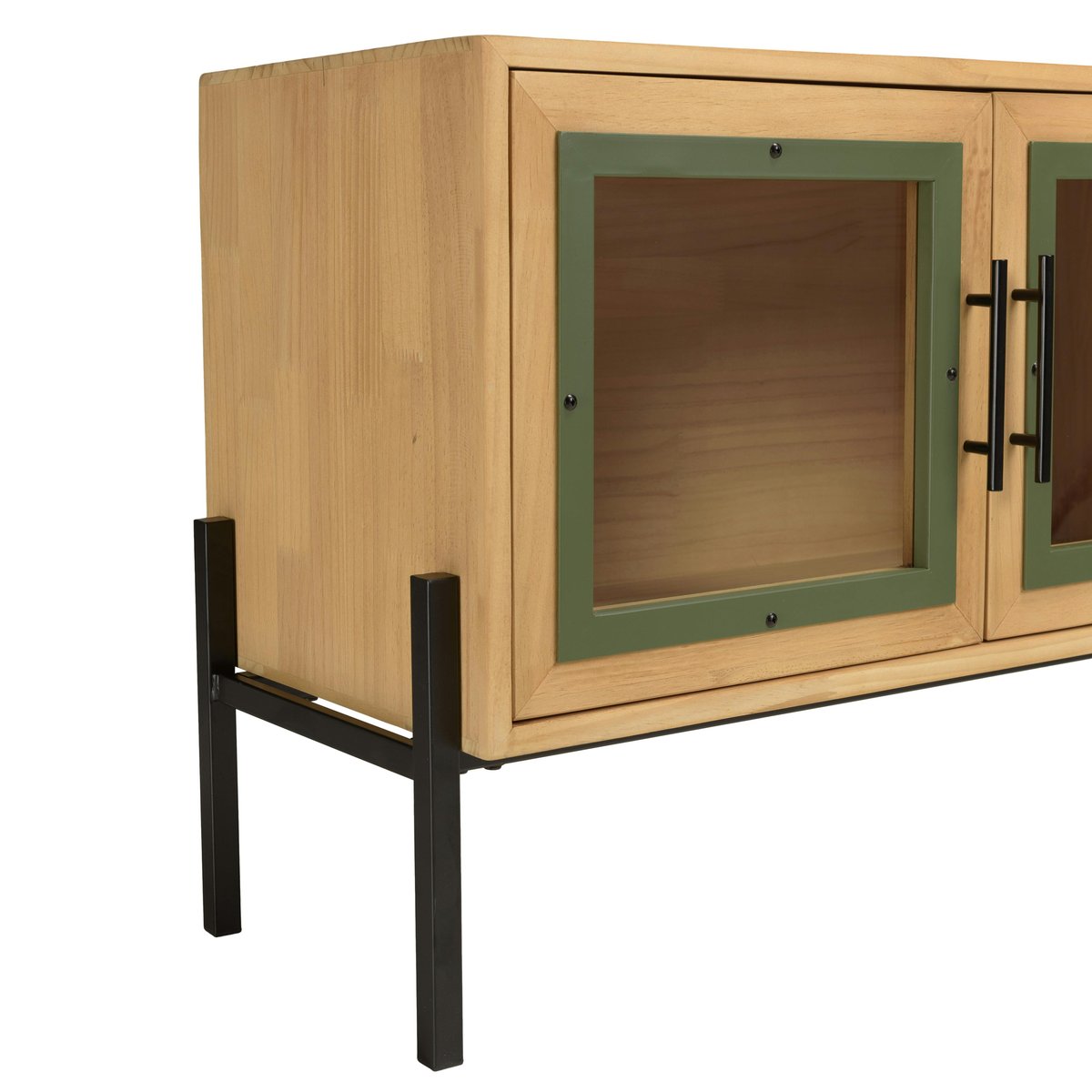 Meuble TV bois clair 4 portes vitrées contour vert BAGAN bois naturel, PIER IMPORT