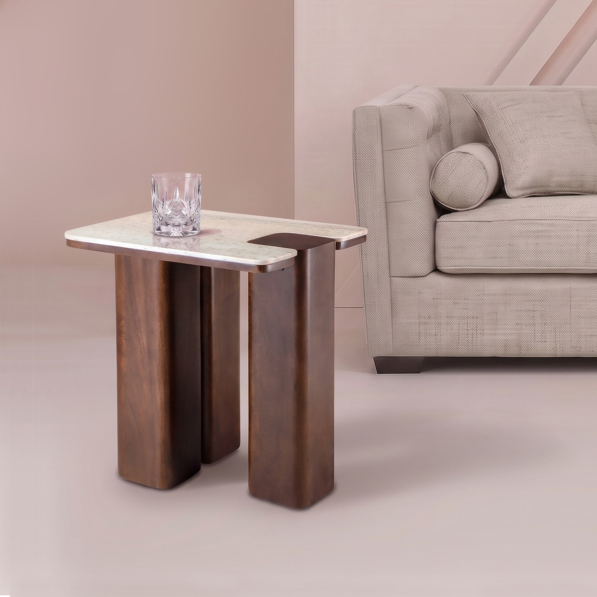 Bout de canapé bois massif et marbre - PUZZLE beige, SIGNATURE