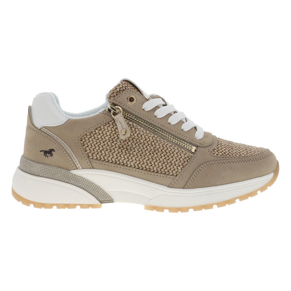 Baskets running beiges à talon plat avec des lacets plats et un zip latéral beige, MUSTANG
