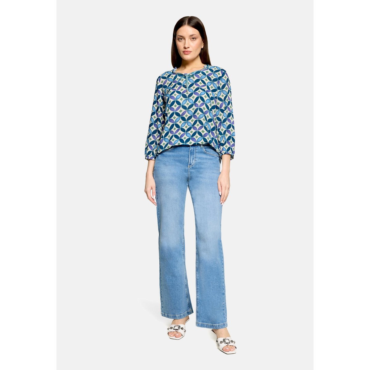 T-shirt façon blouse à laçage bleu/vert, CARTOON