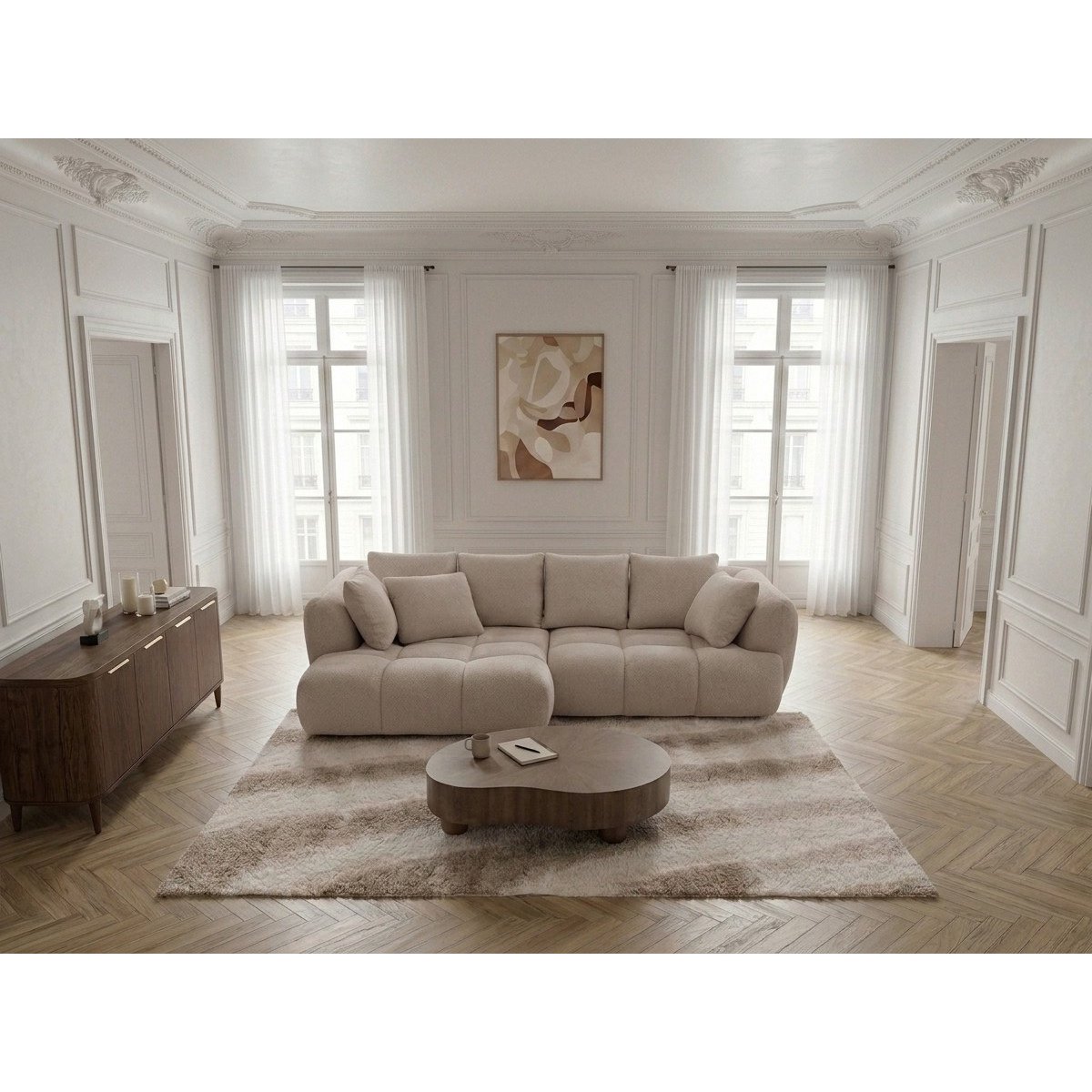 Canapé d'angle convertible 3 places en tissu bouclette, AUDE beige, BOBOCHIC