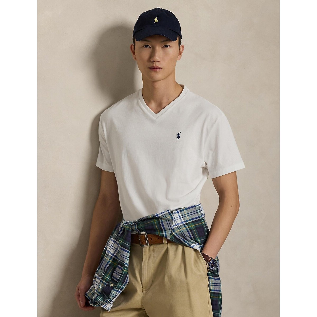 T-shirt scollo a V in jersey di cotone bianco, POLO RALPH LAUREN