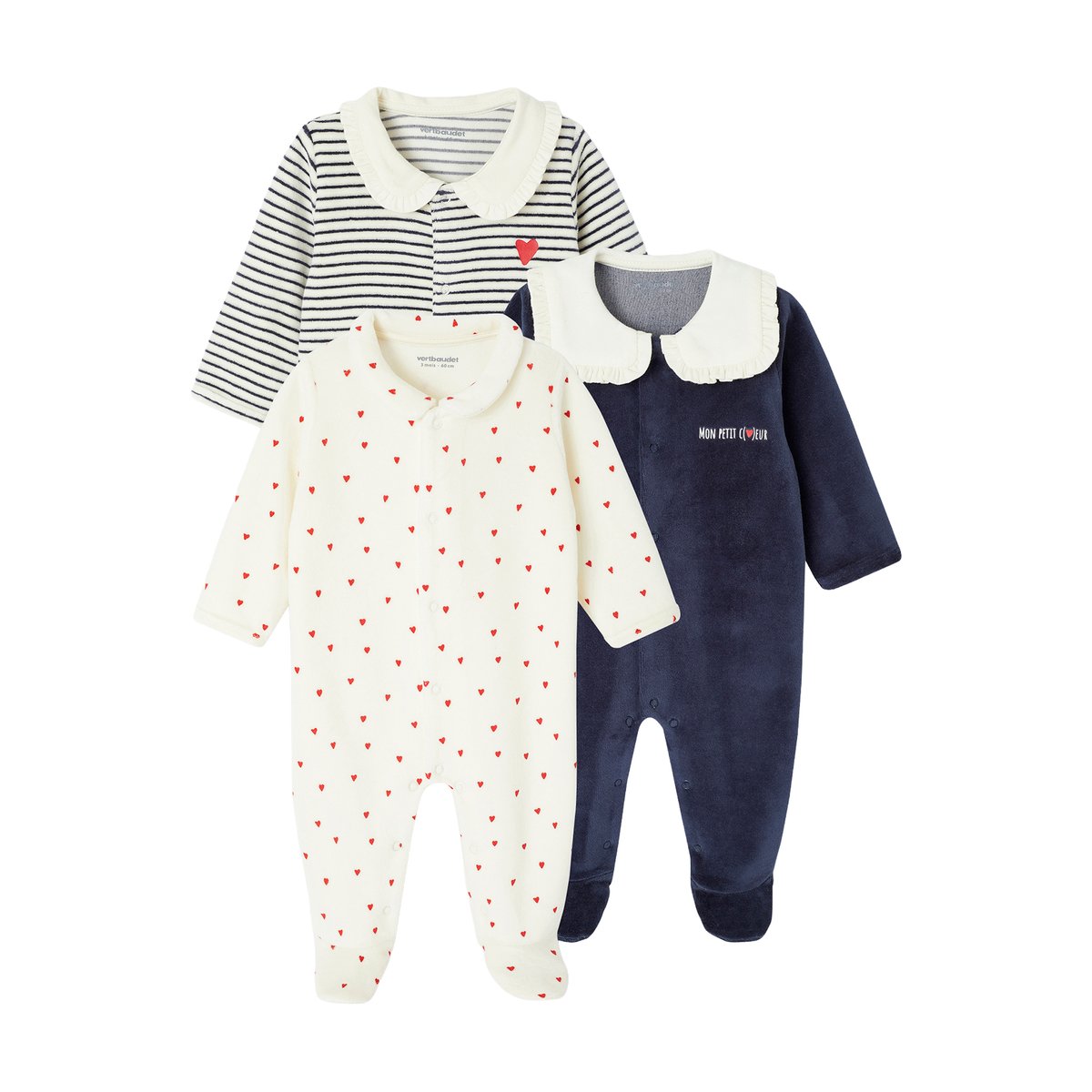 Lot de 3 dors-bien naissance "coeurs" en velours bleu nuit, VERTBAUDET