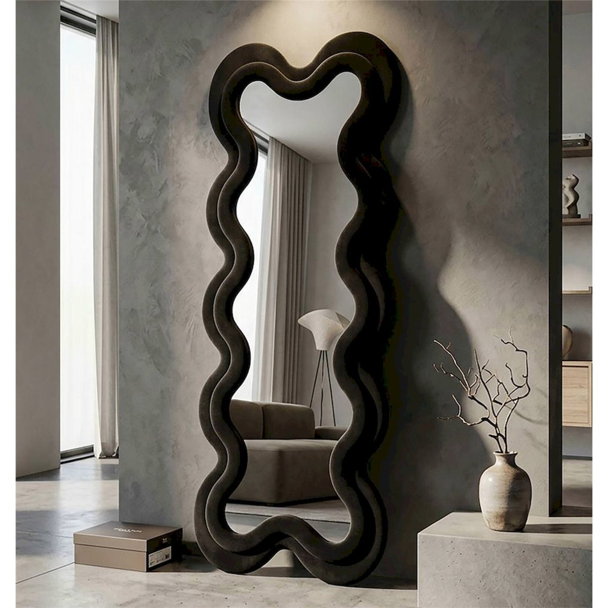 Miroir mural au cadre ondulé sculptural GLAM noir, RECOLLECTION
