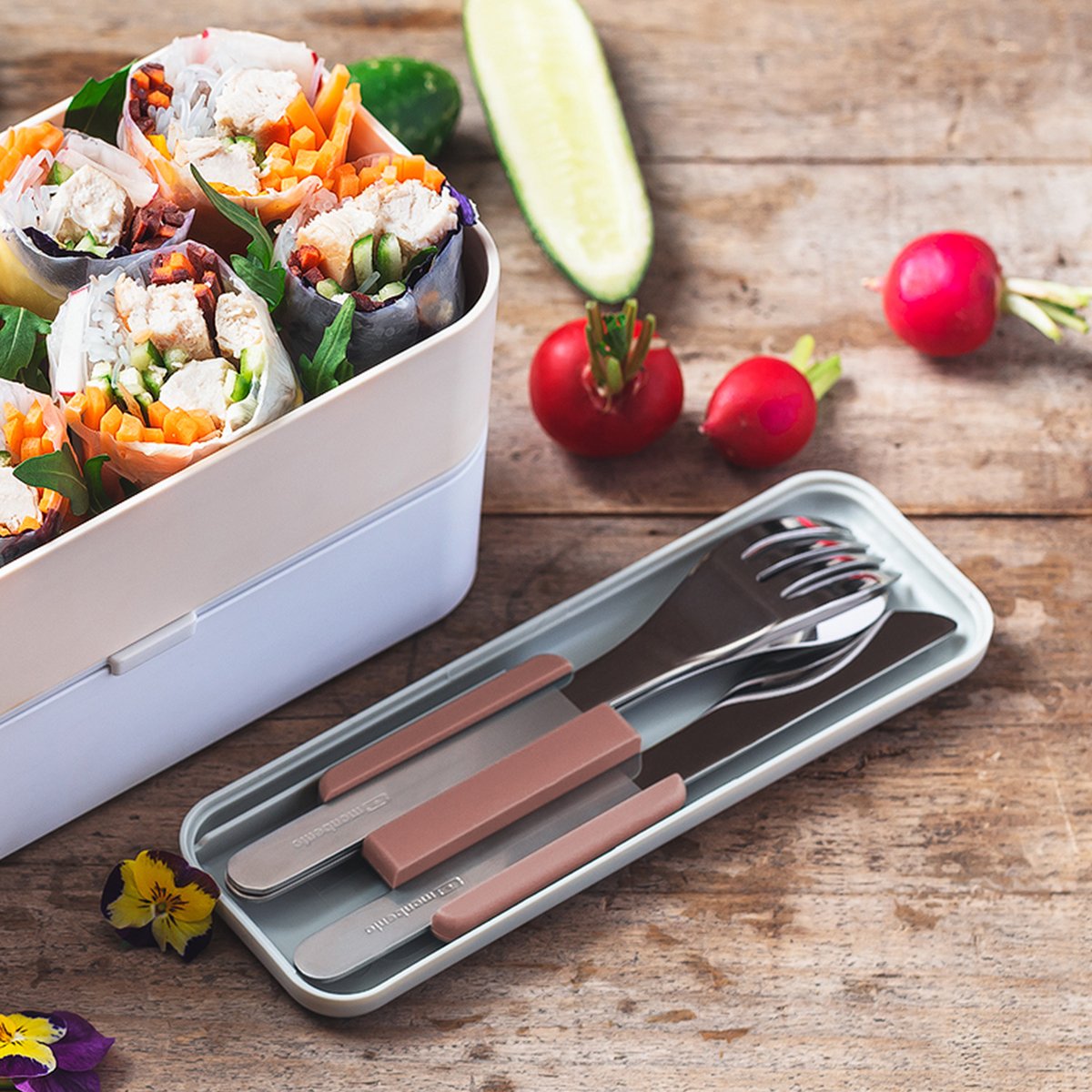 Set repas lunch box 2 étages 1L avec accessoires rose/gris, MONBENTO