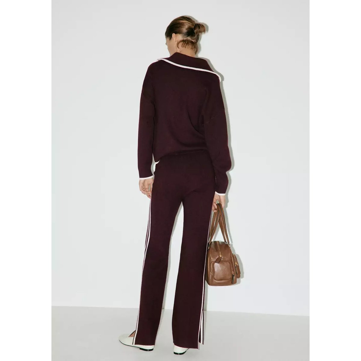 Pantalon maille rayure contrastante chocolat, MANGO