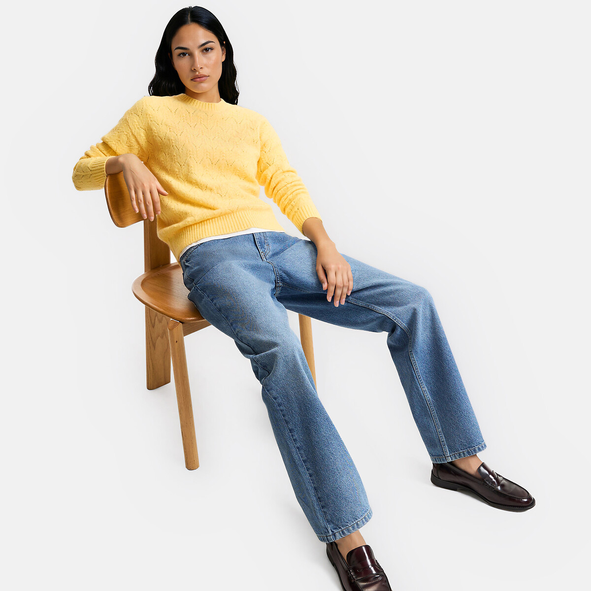 Trui met ronde hals, in ajourtricot geel   , LA REDOUTE COLLECTIONS