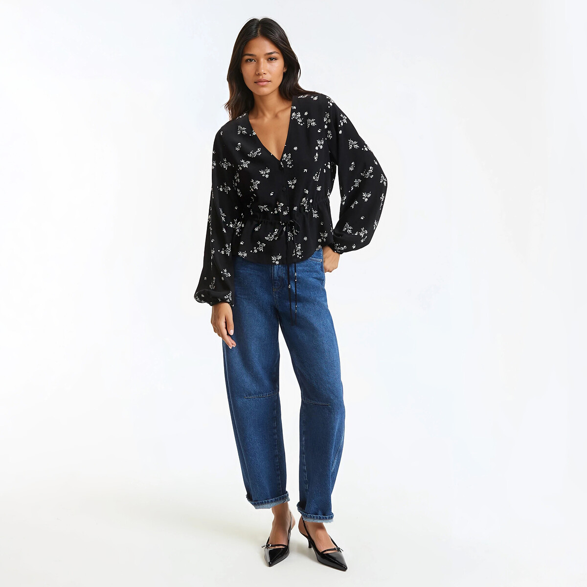 Blouse col V, imprimé floral, manches longues imprimé fond noir, LA REDOUTE COLLECTIONS
