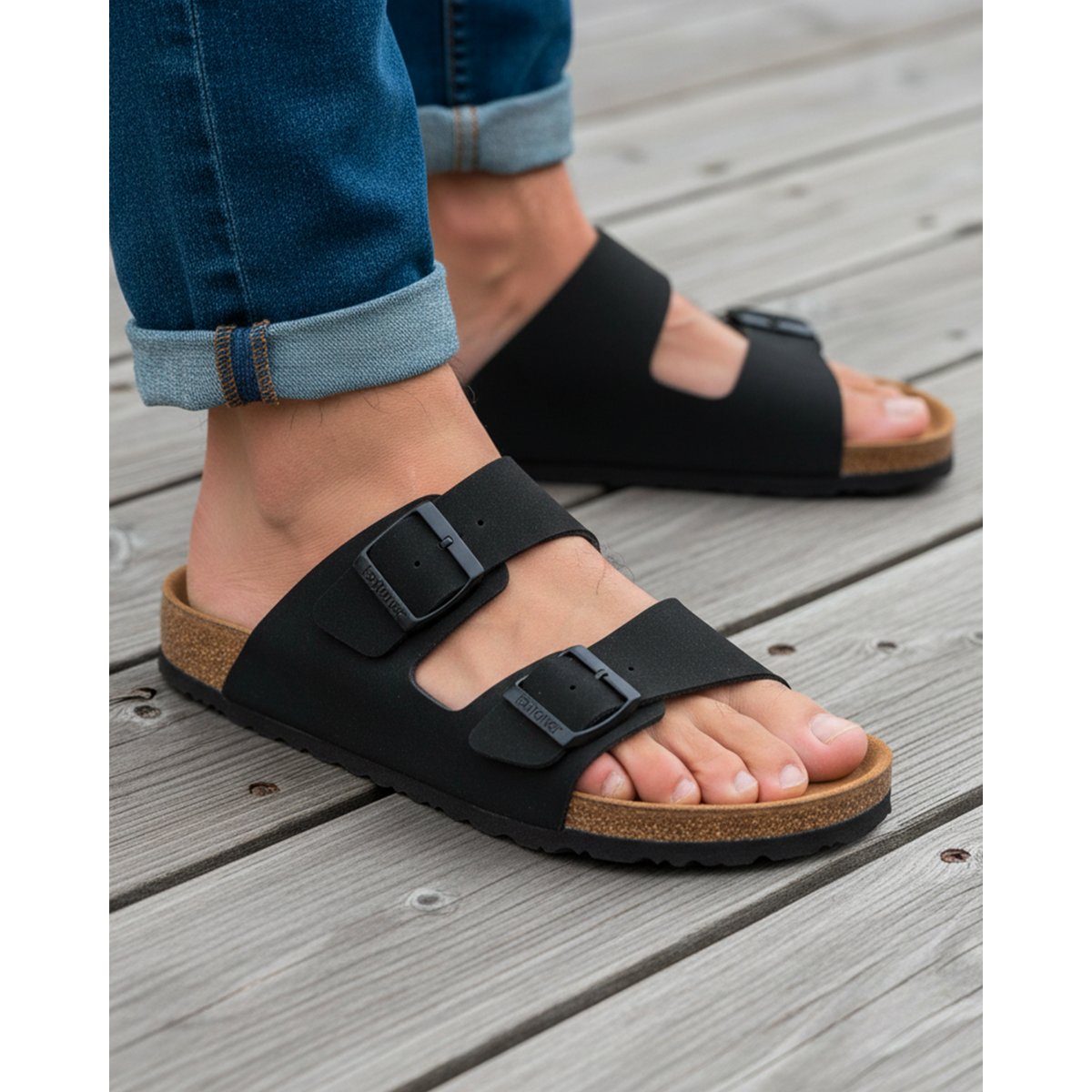Sandales à brides ultra confortables, semelle intérieure cuir noir, ISOTONER