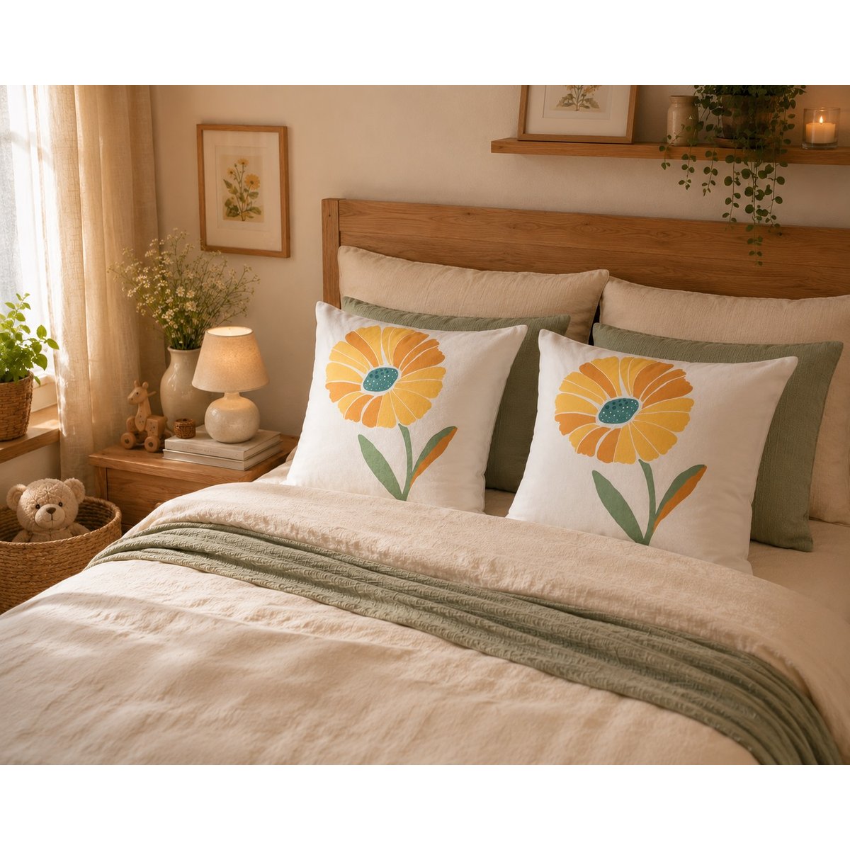 Taie d'oreiller percale de coton motif floral jaune, EDEN