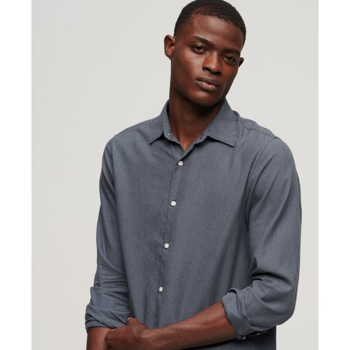 Chemise habillée en coton à manches longues mix bleu marine, SUPERDRY
