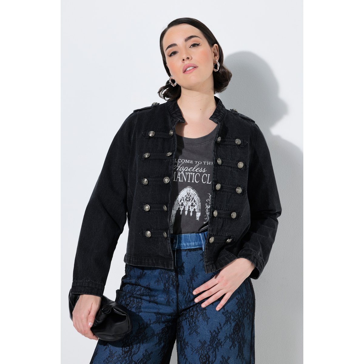 Veste en jean esprit uniforme militaire noir, ULLA POPKEN