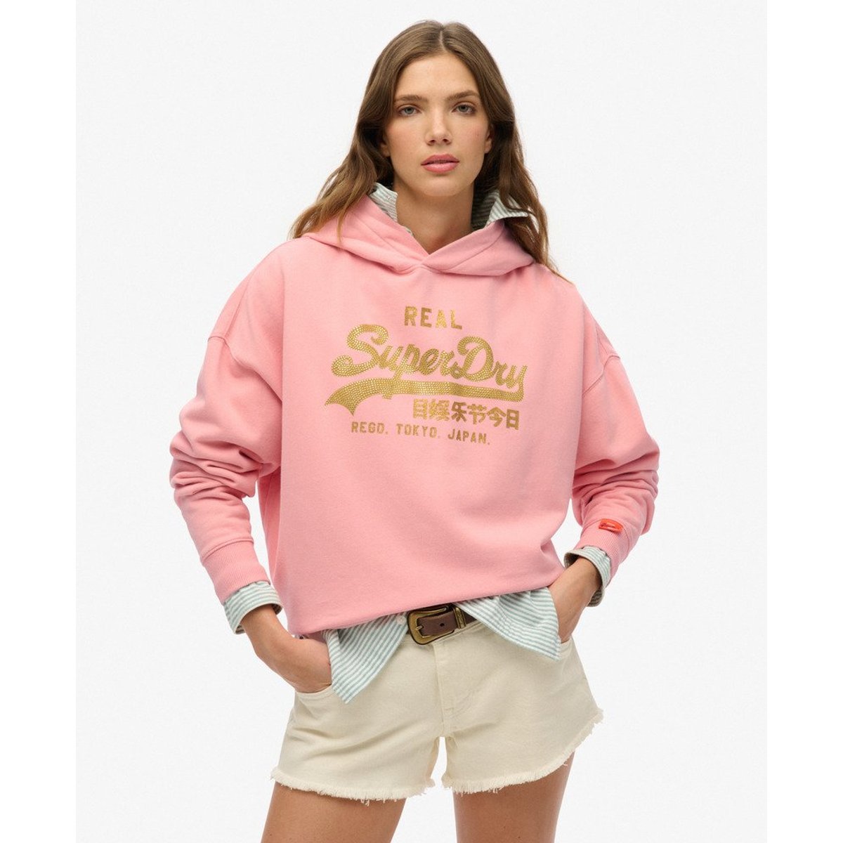 Sweat à capuche Vintage Logo strass ambre pêche, SUPERDRY