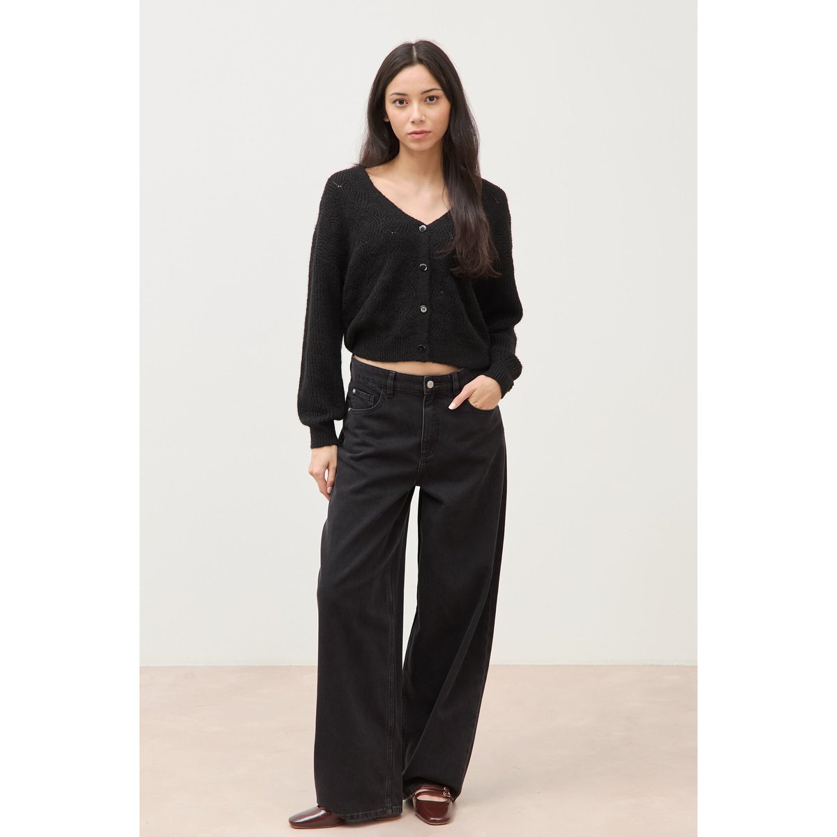 Gilet manches longues col v noir, BONOBO