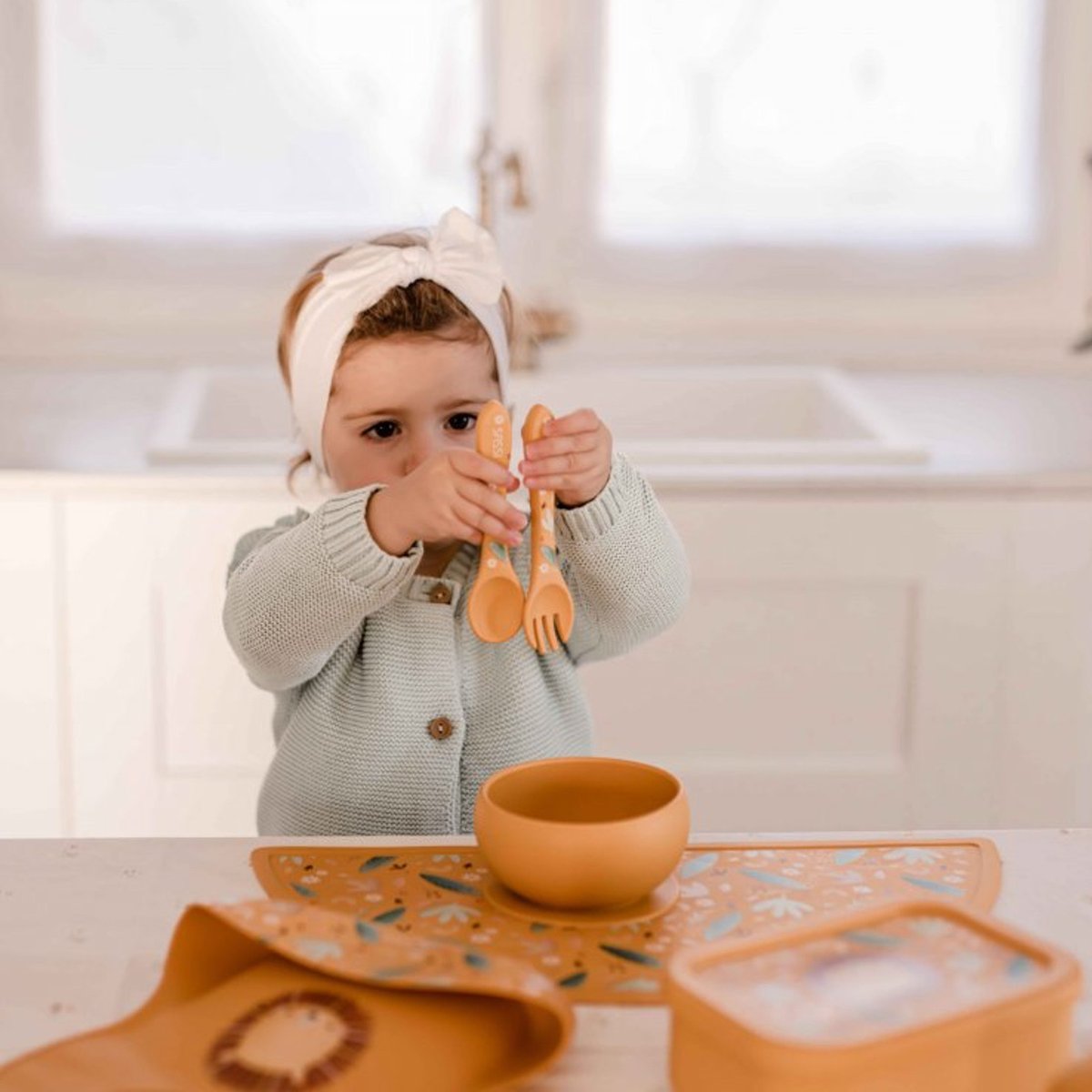 Set fourchette et cuillère en silicone ANIMAUX orange, SASSI