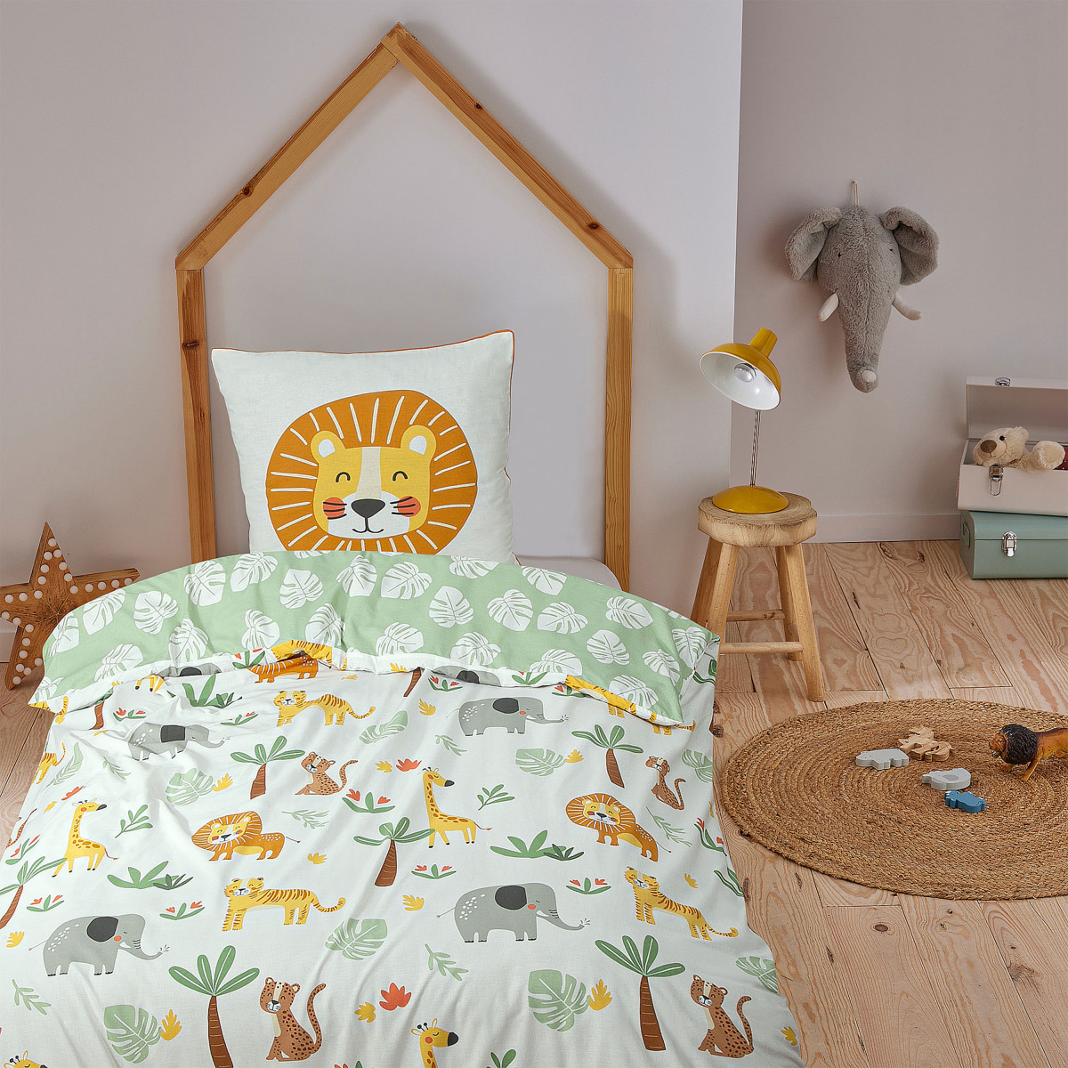 Parure de lit enfant lion jungle réversible SAVANE blanc, FUTURE HOME