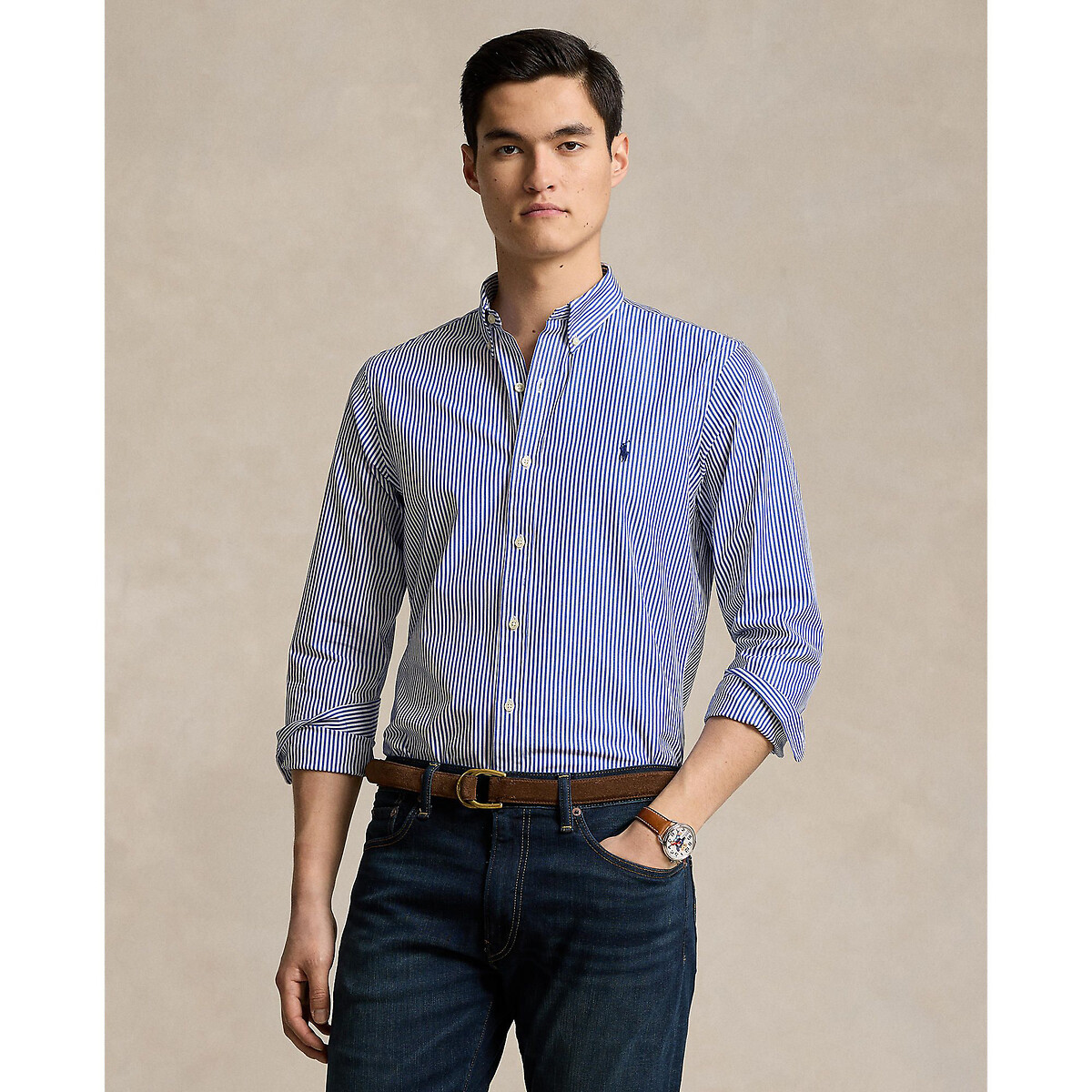 Chemise rayée cintrée popeline stretch blanc/bleu, POLO RALPH LAUREN