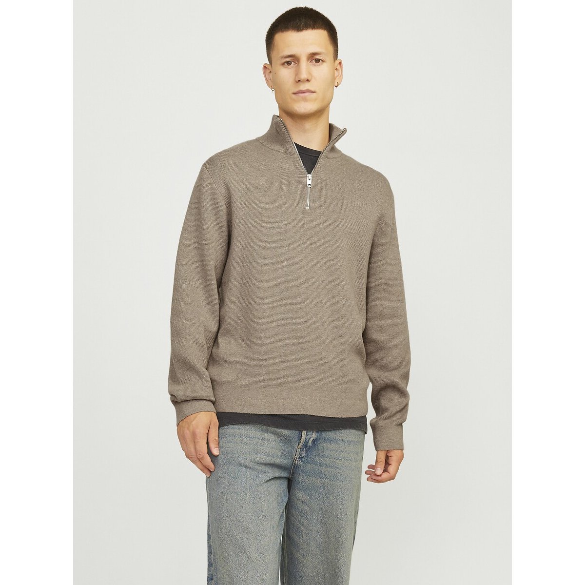 Pull camionneur ample demi-zippé beige, JACK & JONES