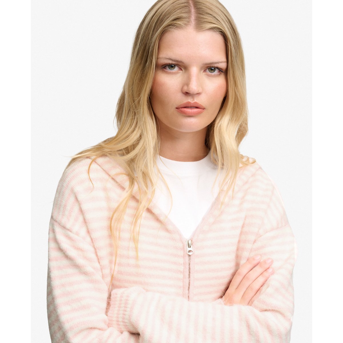 Cardigan Zippé en Maille Coupe Décontractée rayure rose pâle/blanc cassé, SUPERDRY