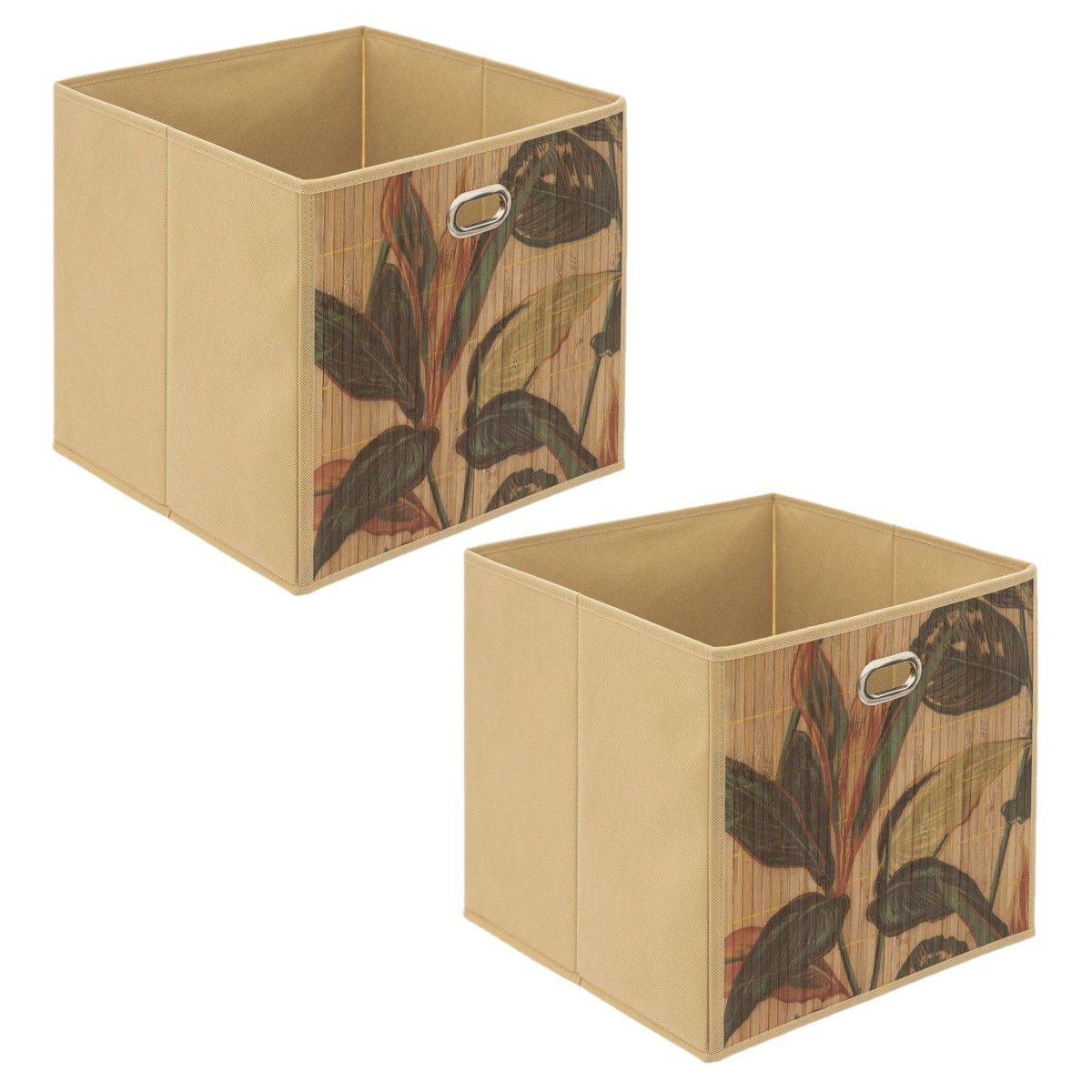 Lot de 2 boîtes de rangement cubes en bambou à motifs jungle PALAWAN marron, TOILINUX
