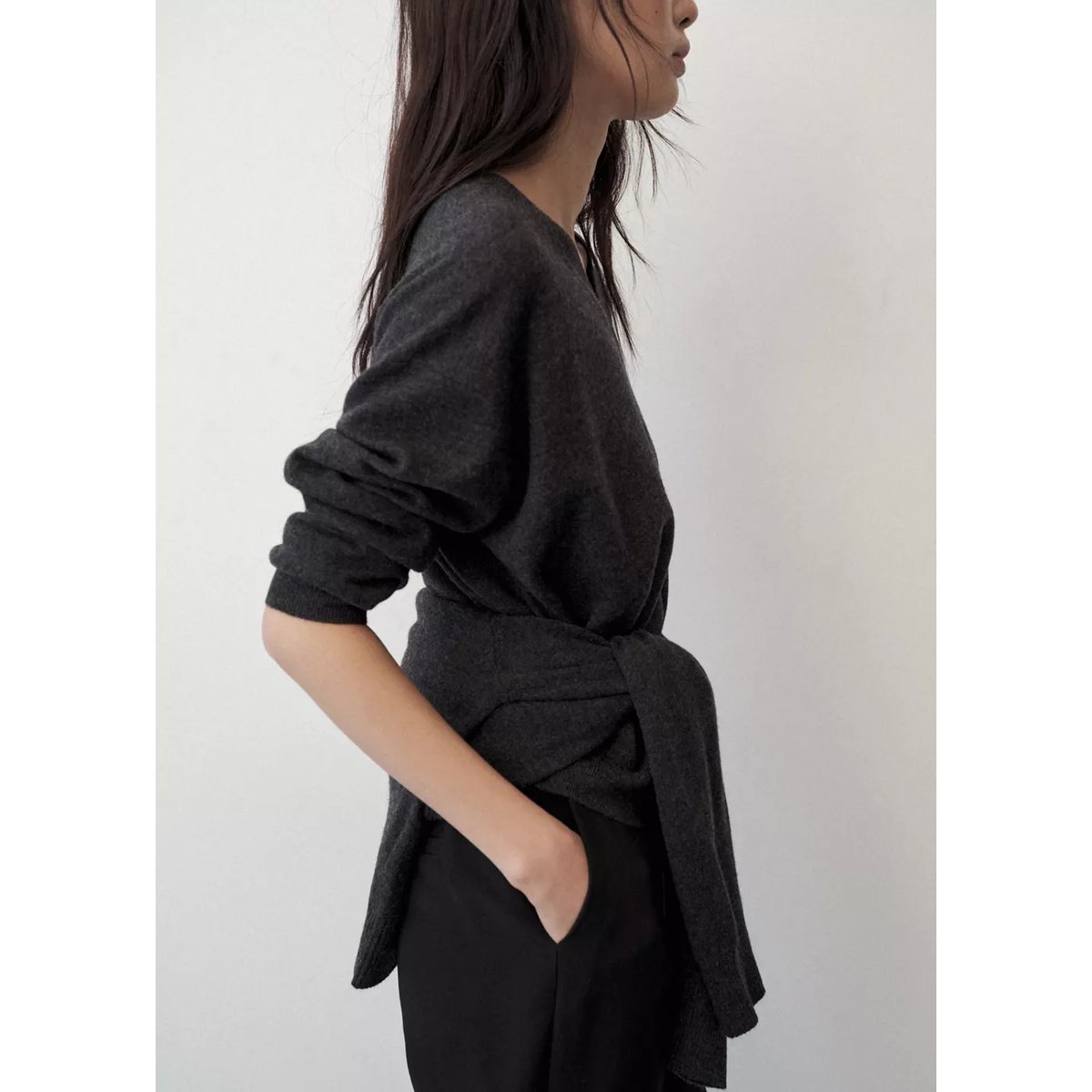 Pull-over maille 100 % laine col montant gris anthracite, MANGO