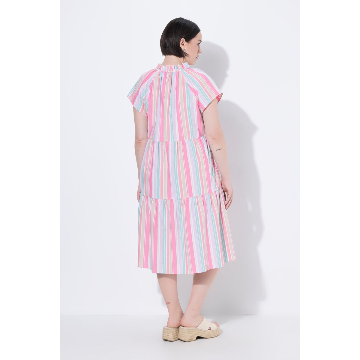 Robe midi, rayures, coupe en A, col rond rose tendre, ULLA POPKEN