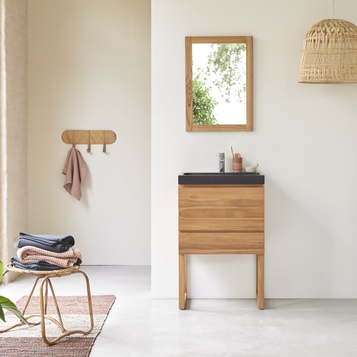 Meuble Salle De Bain en Teck massif, EDGAR marron clair, TIKAMOON