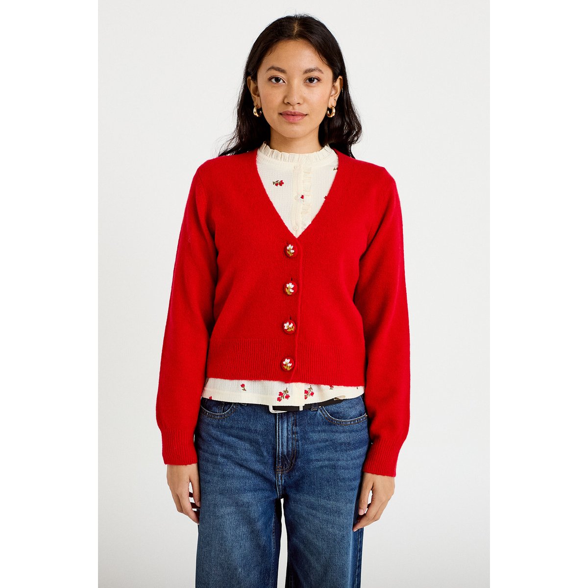 Gilet col v broderie manches longues rouge, CACHE CACHE