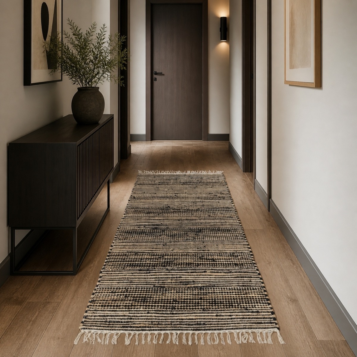 Tapis à franges en jute  motif rayé  TOFOU - style bohème noir naturel, THE DECO FACTORY