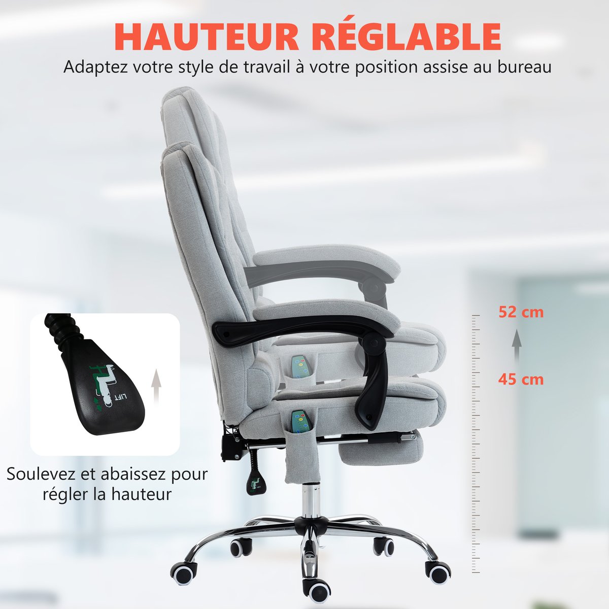 Fauteuil de bureau avec fonction massage gris clair, HOMCOM
