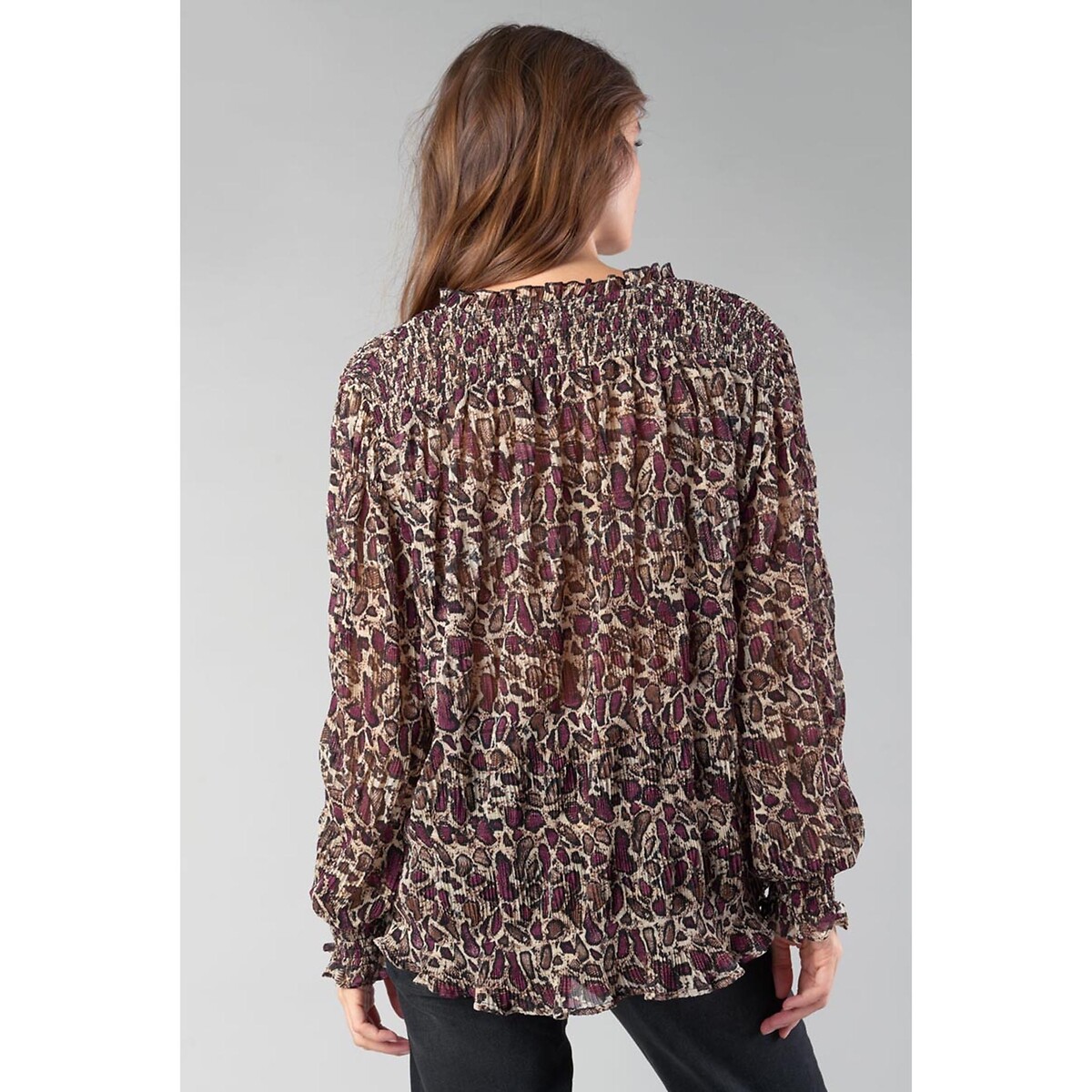 Blouse col montant, manches longues marron/rouge, LE TEMPS DES CERISES