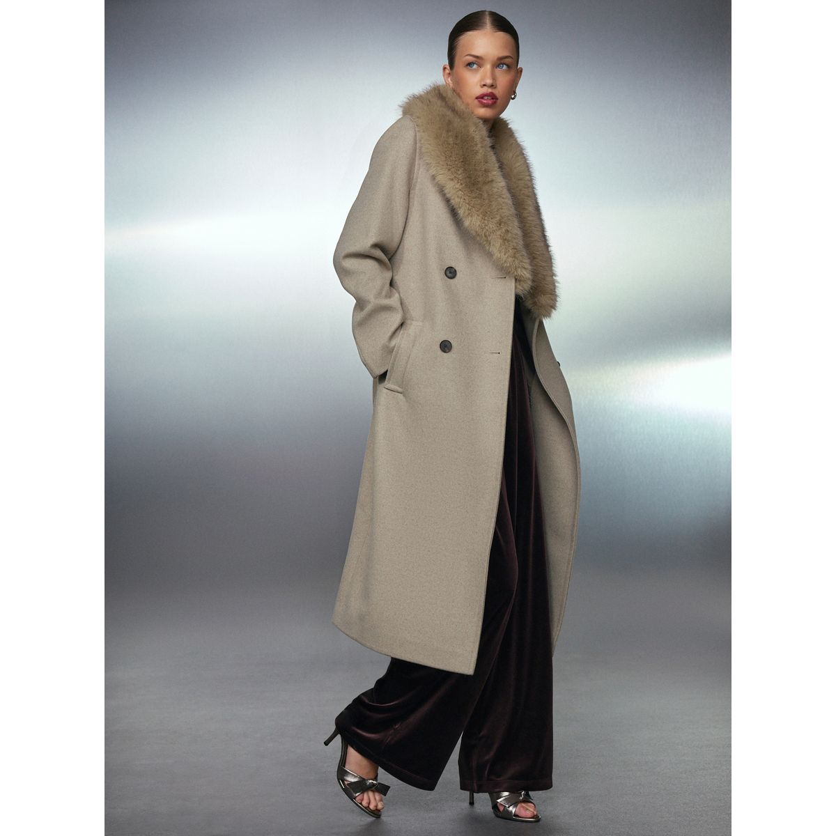 Manteau avec col amovible et ceinture grège, NEXT