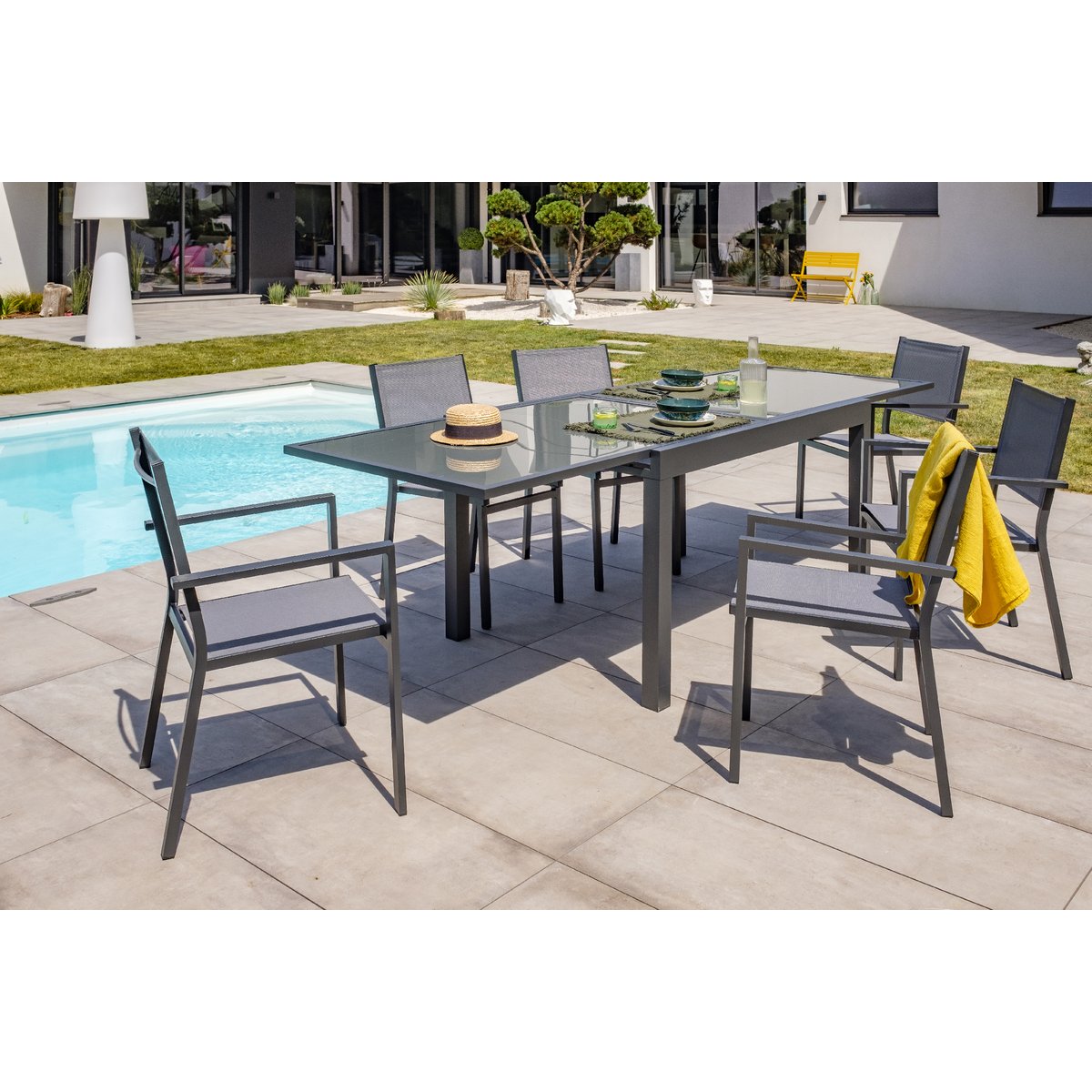Fauteuil de jardin empilable alu et toile plastifiée TOLEDE gris anthracite, DCB GARDEN