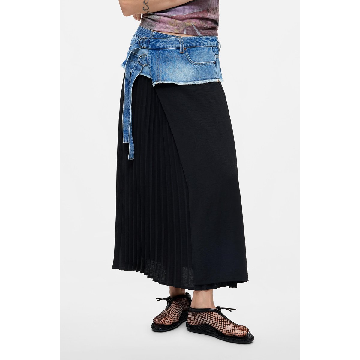 Jupe longue plissée en denim bleu clair, DESIGUAL