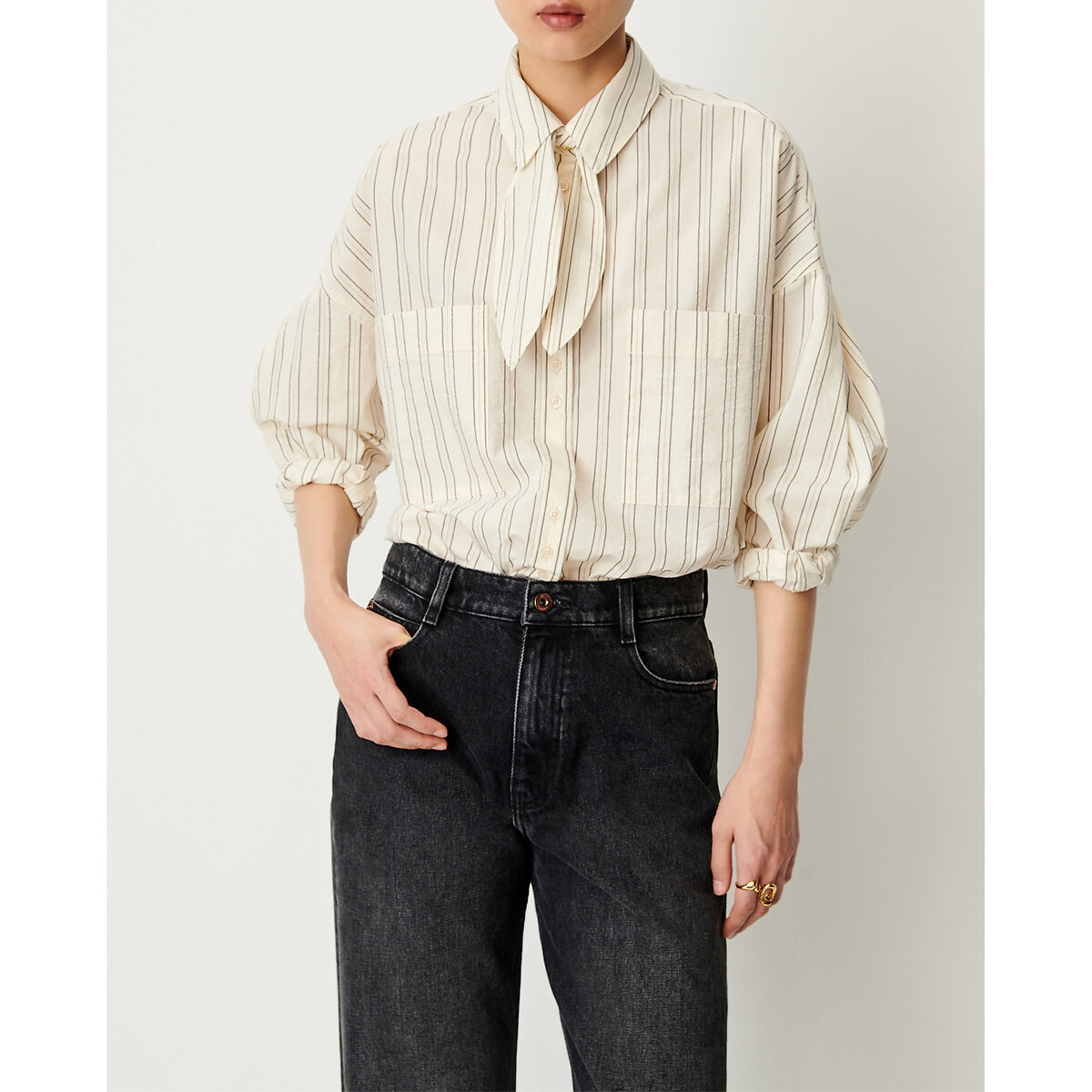 Cecily Striped Pussy-Bow Collar Shirt ecru striped, SESSUN